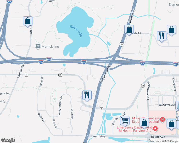 map of restaurants, bars, coffee shops, grocery stores, and more near 1279 County Road D East in Maplewood