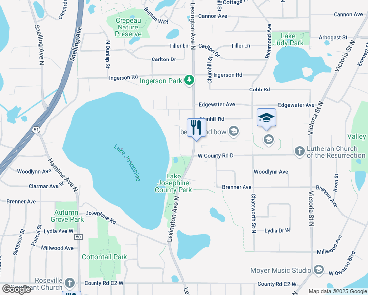 map of restaurants, bars, coffee shops, grocery stores, and more near 3131 Shoreline Lane in Arden Hills