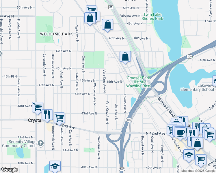 map of restaurants, bars, coffee shops, grocery stores, and more near 4416 Vera Cruz Avenue North in Minneapolis