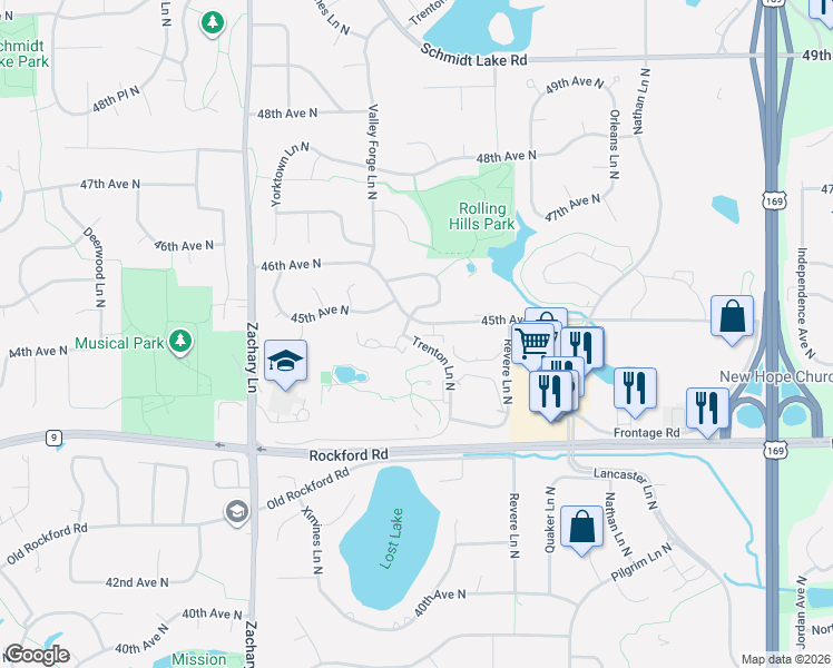 map of restaurants, bars, coffee shops, grocery stores, and more near 10565 45th Avenue North in Minneapolis