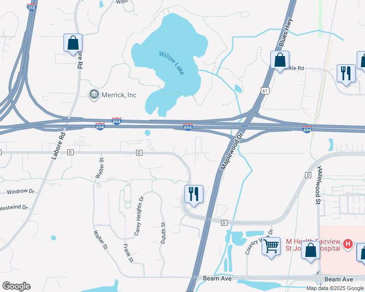 map of restaurants, bars, coffee shops, grocery stores, and more near 1255 County Road D in Saint Paul