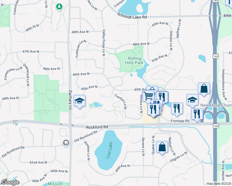 map of restaurants, bars, coffee shops, grocery stores, and more near 10565 45th Avenue North in Minneapolis