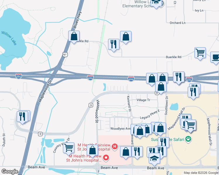 map of restaurants, bars, coffee shops, grocery stores, and more near 1555 County Road D East in Maplewood