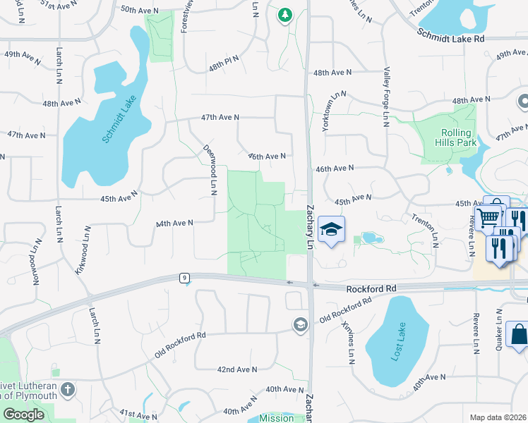 map of restaurants, bars, coffee shops, grocery stores, and more near 4355 Zachary Lane in Plymouth