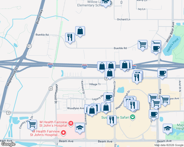 map of restaurants, bars, coffee shops, grocery stores, and more near 1695 County Road D East in Maplewood