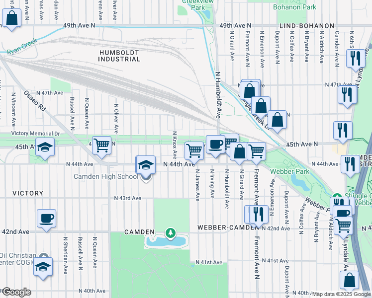 map of restaurants, bars, coffee shops, grocery stores, and more near 4427 James Ave N in Minneapolis