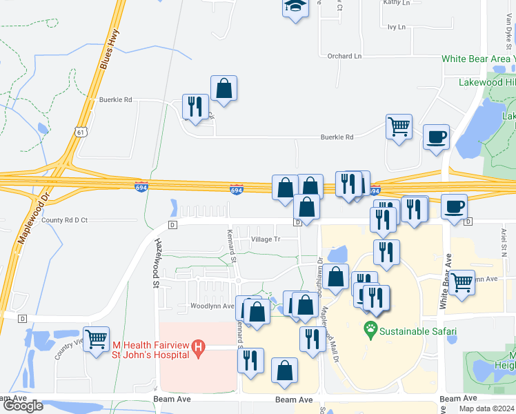 map of restaurants, bars, coffee shops, grocery stores, and more near 1695 County Road D in Maplewood