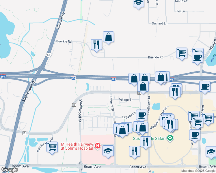 map of restaurants, bars, coffee shops, grocery stores, and more near 1613 County Road D East in Maplewood