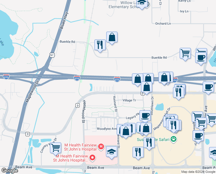 map of restaurants, bars, coffee shops, grocery stores, and more near 1613 County Road D East in Maplewood