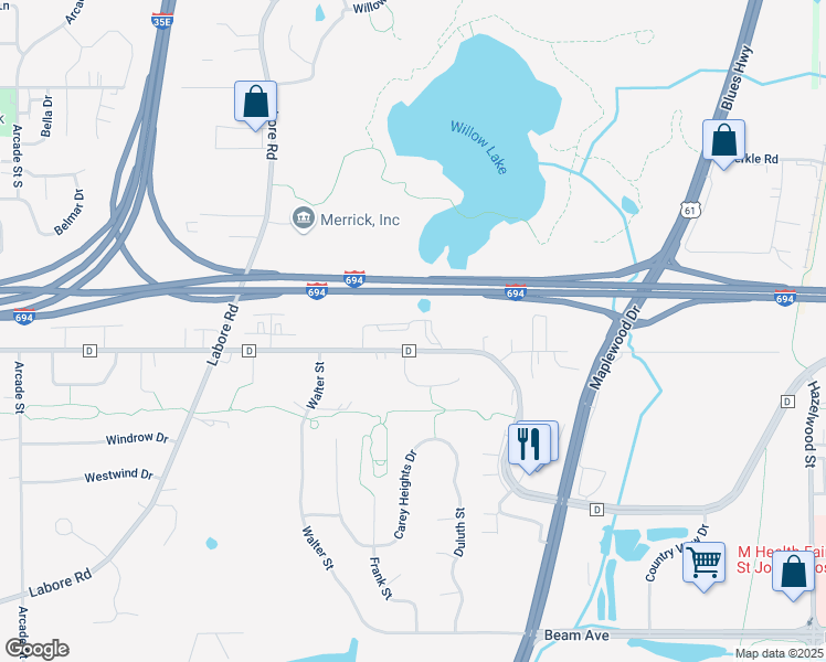 map of restaurants, bars, coffee shops, grocery stores, and more near 1173 Highridge Court in Saint Paul