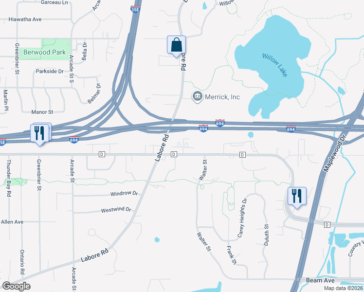 map of restaurants, bars, coffee shops, grocery stores, and more near 1041 County Road D East in Saint Paul