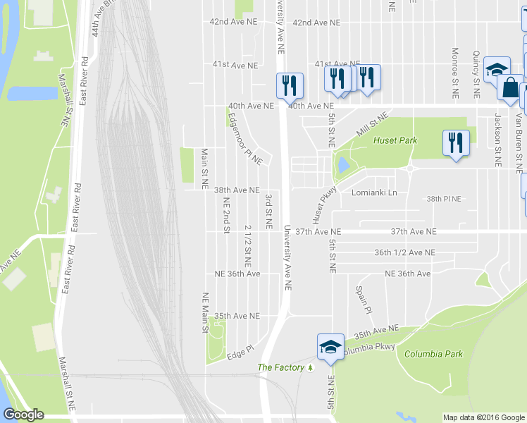 map of restaurants, bars, coffee shops, grocery stores, and more near 3710 3rd Street Northeast in Minneapolis