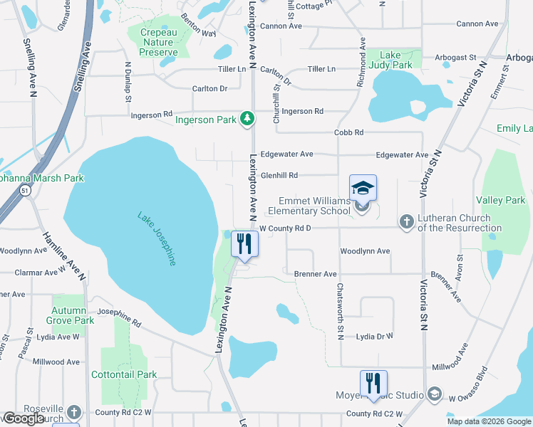 map of restaurants, bars, coffee shops, grocery stores, and more near 3150 Lexington Avenue North in Shoreview