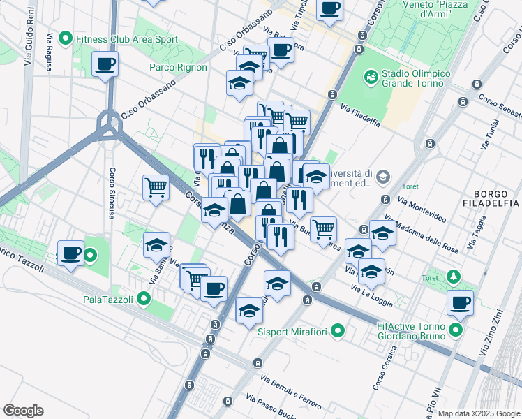 map of restaurants, bars, coffee shops, grocery stores, and more near 105 Corso Giovanni Agnelli in Torino