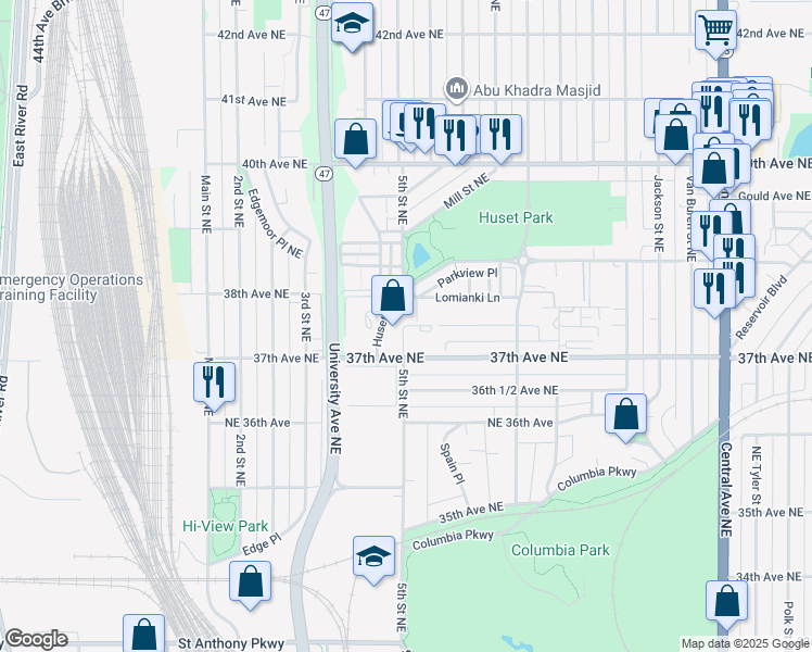 map of restaurants, bars, coffee shops, grocery stores, and more near 500 38th Avenue Northeast in Columbia Heights