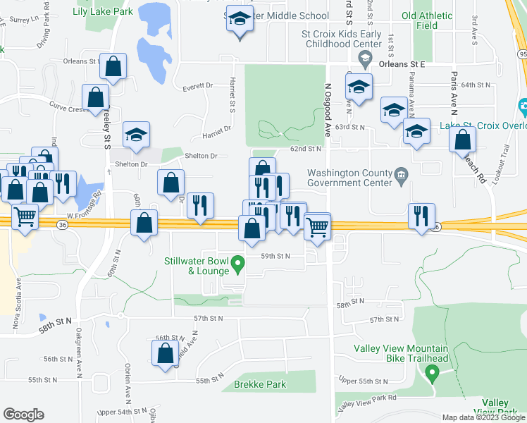 map of restaurants, bars, coffee shops, grocery stores, and more near 14456 60th Street North in Stillwater