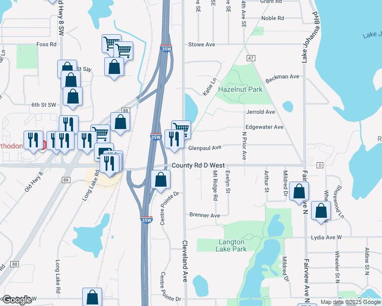 map of restaurants, bars, coffee shops, grocery stores, and more near 3130 Cleveland Avenue Southwest in New Brighton
