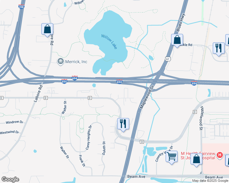 map of restaurants, bars, coffee shops, grocery stores, and more near 1255 County Road D East in Maplewood