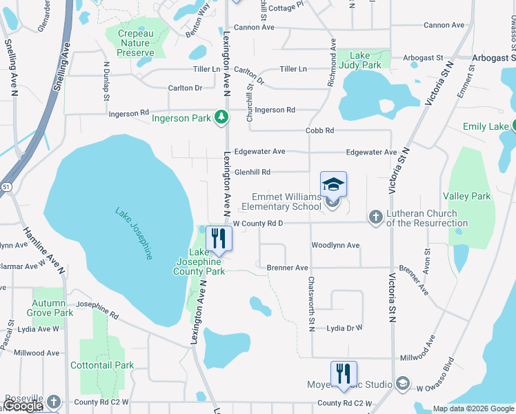 map of restaurants, bars, coffee shops, grocery stores, and more near 1055 West County Road D in Shoreview