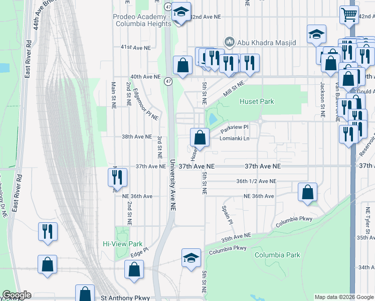 map of restaurants, bars, coffee shops, grocery stores, and more near 455 37th Avenue Northeast in Columbia Heights