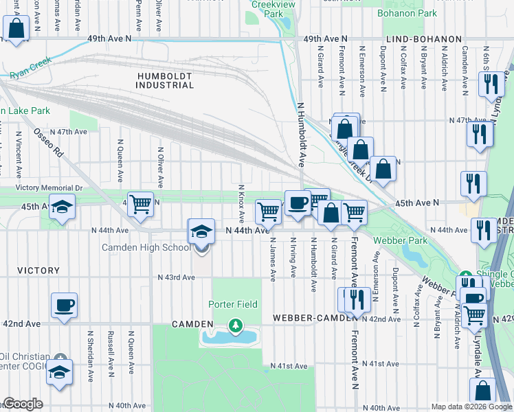 map of restaurants, bars, coffee shops, grocery stores, and more near 4412 North James Avenue in Minneapolis