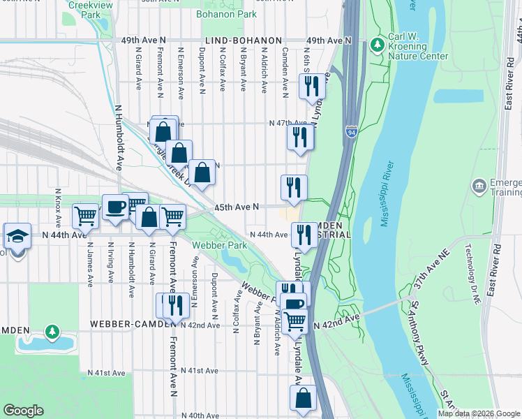 map of restaurants, bars, coffee shops, grocery stores, and more near in Minneapolis