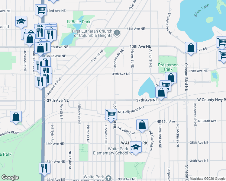 map of restaurants, bars, coffee shops, grocery stores, and more near 1601 37th Avenue Northeast in Columbia Heights