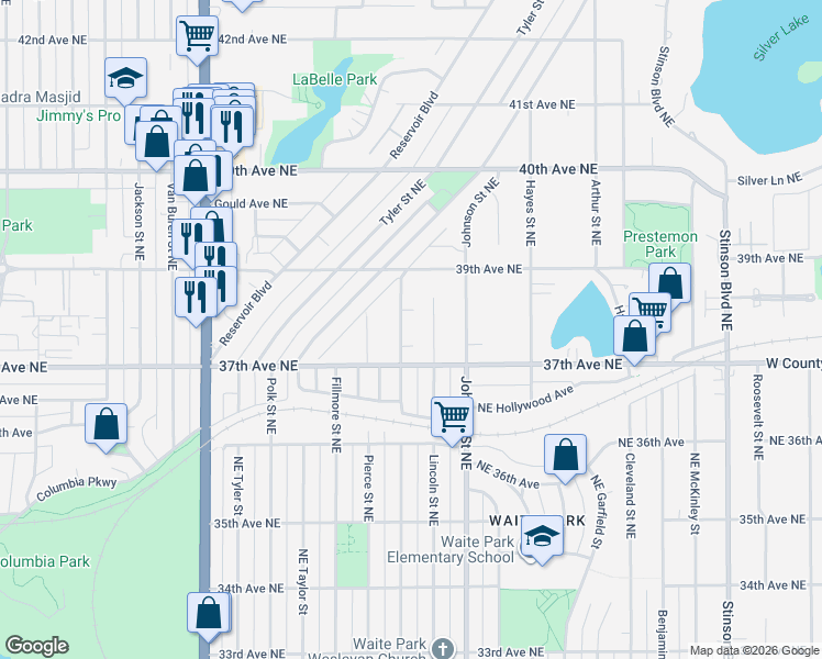 map of restaurants, bars, coffee shops, grocery stores, and more near 3712 Buchanan Street Northeast in Minneapolis