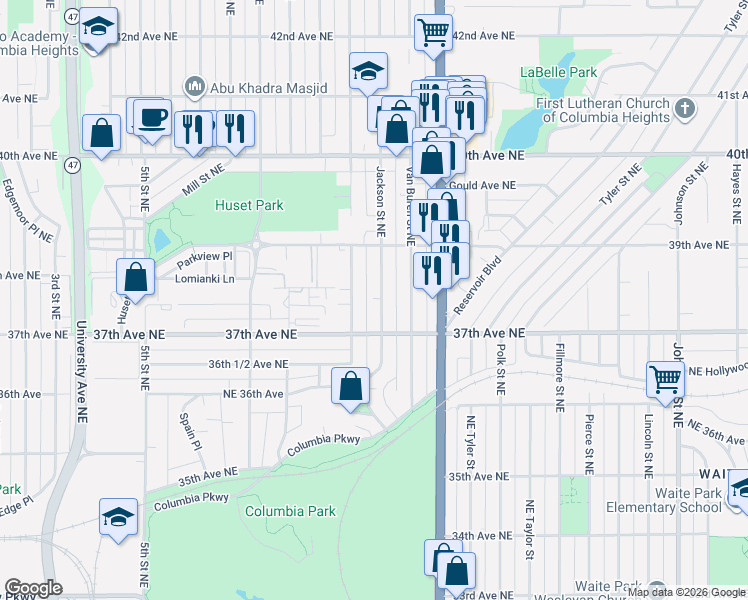map of restaurants, bars, coffee shops, grocery stores, and more near 3705 Quincy Street Northeast in Minneapolis
