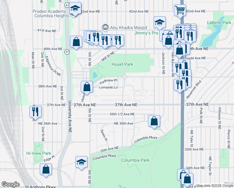 map of restaurants, bars, coffee shops, grocery stores, and more near 589 37th Avenue Northeast in Minneapolis