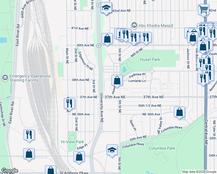 map of restaurants, bars, coffee shops, grocery stores, and more near 455 37th Avenue Northeast in Columbia Heights