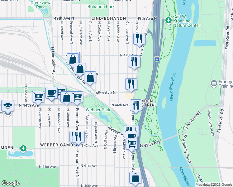 map of restaurants, bars, coffee shops, grocery stores, and more near in Minneapolis
