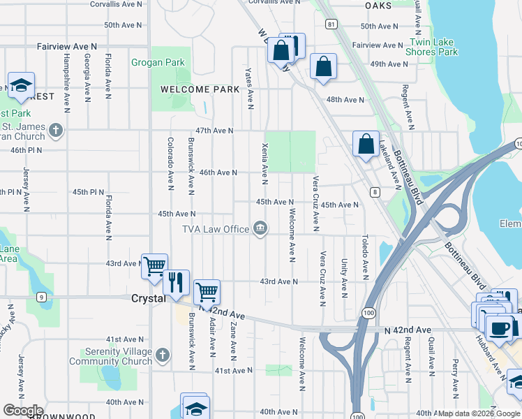 map of restaurants, bars, coffee shops, grocery stores, and more near 4416 Yates Avenue North in Minneapolis