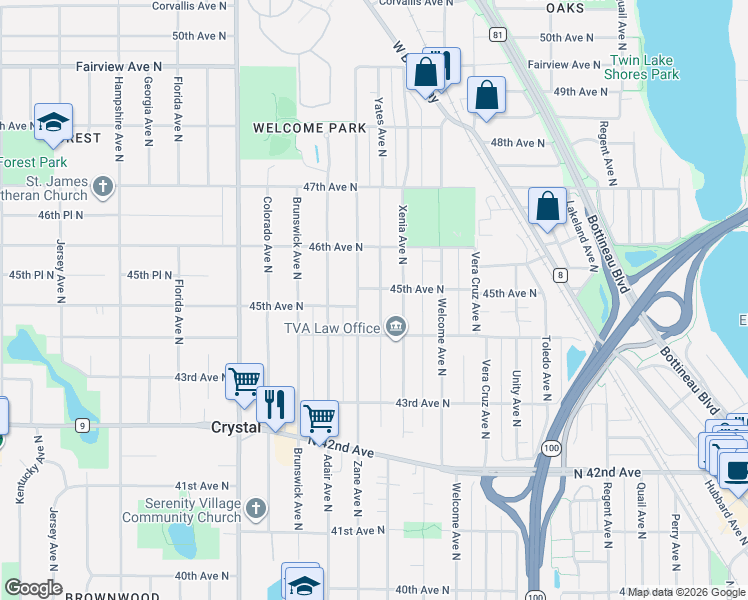 map of restaurants, bars, coffee shops, grocery stores, and more near 4416 Yates Avenue North in Minneapolis
