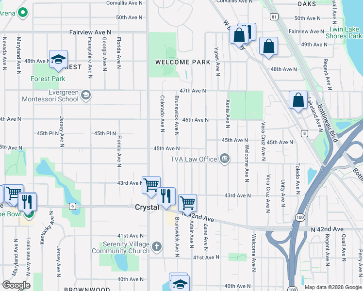 map of restaurants, bars, coffee shops, grocery stores, and more near 4404 Brunswick Avenue North in Minneapolis