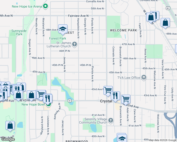 map of restaurants, bars, coffee shops, grocery stores, and more near 4425 Florida Avenue North in Minneapolis