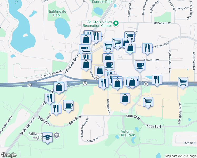 map of restaurants, bars, coffee shops, grocery stores, and more near 2021 Market Drive in Stillwater
