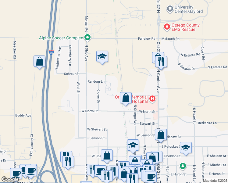 map of restaurants, bars, coffee shops, grocery stores, and more near 504 Random Lane in Gaylord