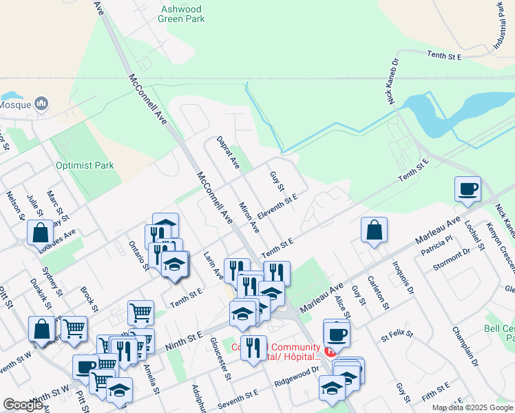 map of restaurants, bars, coffee shops, grocery stores, and more near 1104 Grand Avenue in Cornwall