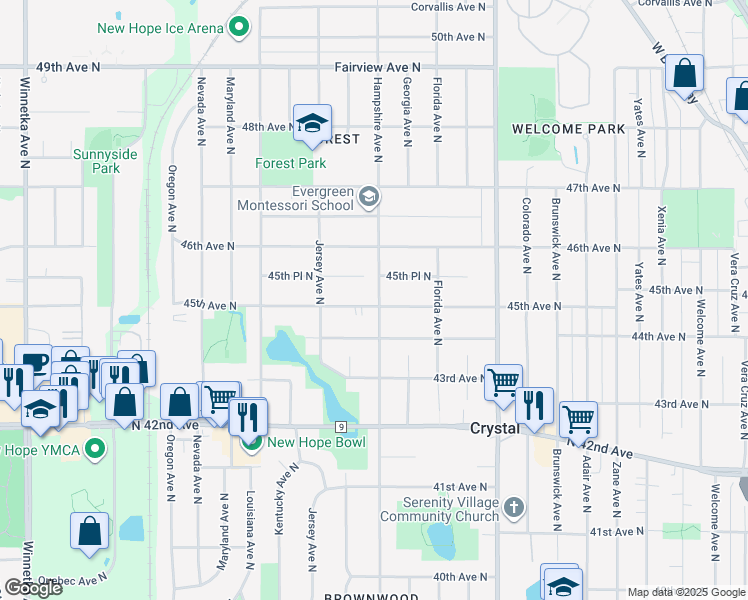 map of restaurants, bars, coffee shops, grocery stores, and more near 6702 45th Avenue North in Minneapolis
