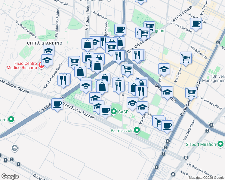map of restaurants, bars, coffee shops, grocery stores, and more near 22 Via Carlo Alfonso Nallino in Torino