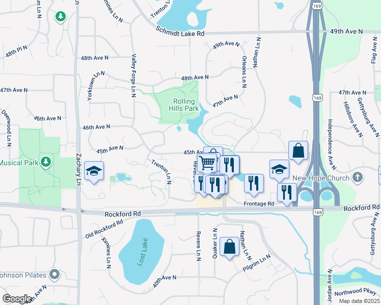 map of restaurants, bars, coffee shops, grocery stores, and more near 10400 45th Avenue North in Plymouth