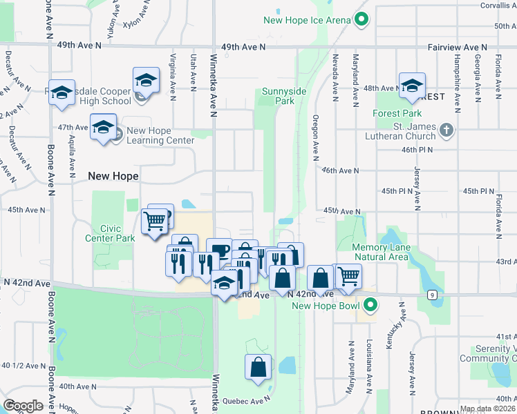 map of restaurants, bars, coffee shops, grocery stores, and more near 4425 Rhode Island Avenue North in New Hope