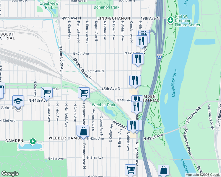 map of restaurants, bars, coffee shops, grocery stores, and more near 8151 45th Avenue North in Minneapolis