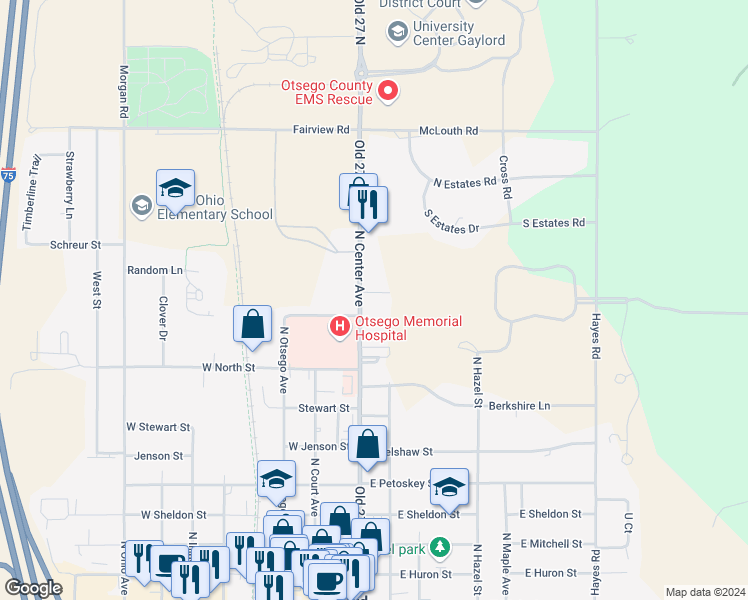 map of restaurants, bars, coffee shops, grocery stores, and more near 860 North Center Avenue in Gaylord