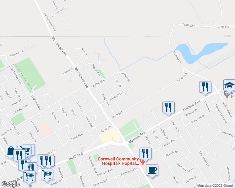 map of restaurants, bars, coffee shops, grocery stores, and more near 712 Eleventh Street East in Cornwall