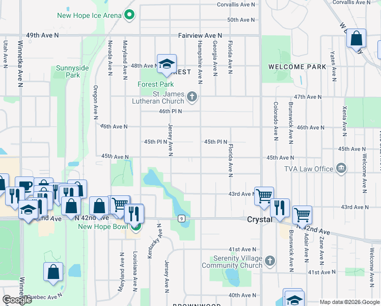 map of restaurants, bars, coffee shops, grocery stores, and more near 6721 45th Avenue North in Minneapolis