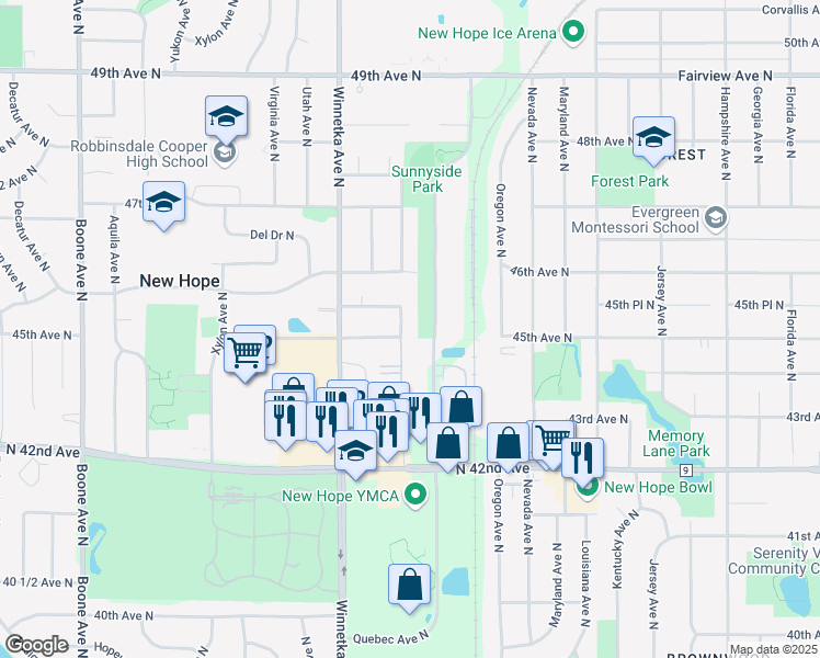 map of restaurants, bars, coffee shops, grocery stores, and more near 4425 Rhode Island Avenue North in New Hope