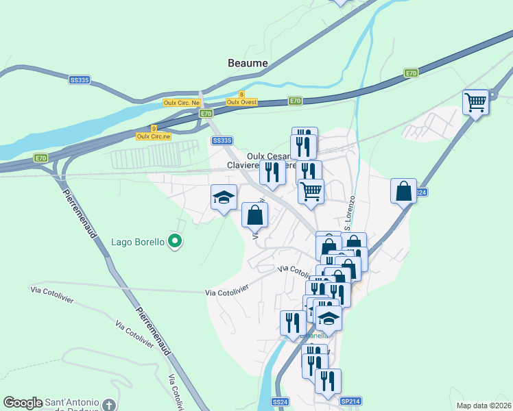 map of restaurants, bars, coffee shops, grocery stores, and more near 39 Via dei Laghi in Oulx