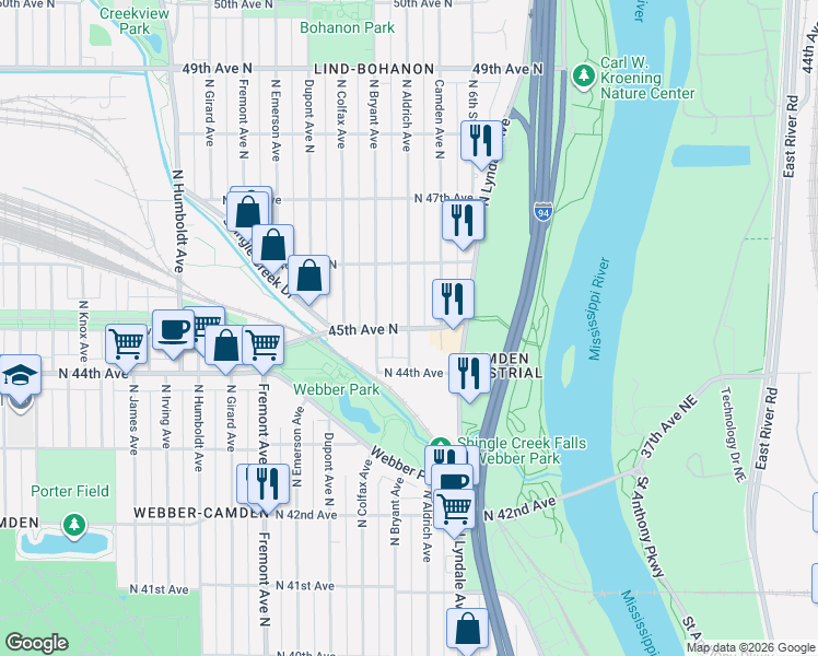 map of restaurants, bars, coffee shops, grocery stores, and more near 798 45th Avenue North in Minneapolis